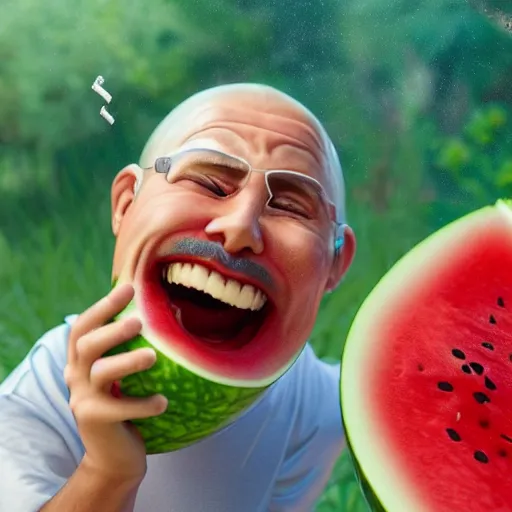 Image similar to a watermelon in a back yard laughing happily at the mad scientists which are falling from the sky , made by Stanley Artgerm Lau, WLOP, Rossdraws, ArtStation, CGSociety, concept art, cgsociety, octane render, trending on artstation, artstationHD, artstationHQ, unreal engine, 4k, 8k,