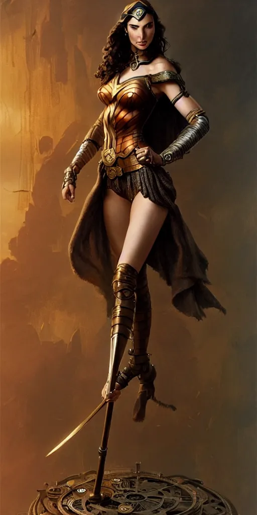 Image similar to highly detailed steampunk gal gadot standing, cape, bo staff : leonardo da vinci, greg rutkowski, magali villeneuve