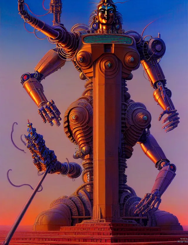 Prompt: a giant statue of shiva mecha, tim hildebrandt, wayne barlowe, bruce pennington, donato giancola, trending on artstation, cinematic composition, beautiful lighting, hyper detailed, 8 k, oil on canvas