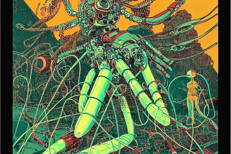 Prompt: risograph grainy drawing vintage sci - fi, satoshi kon color palette, gigantic fat mantis full - body covered with robot parts and wires, with lot tentacles, insects and dragonflies around, painting by moebius and satoshi kon and dirk dzimirsky close - up portrait