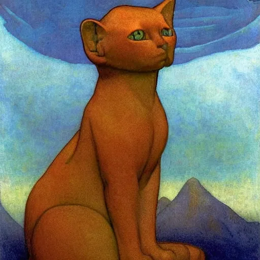 Prompt: polychrome cat sculpture from a lost civilization, by annie swynnerton and diego rivera and nicholas roerich and jean delville and charlie bowater, symbolist, dramatic lighting, god rays, art brut, rich colors, smooth sharp focus, extremely detailed, adolf wolfli and ( donato giancola and bilibin )