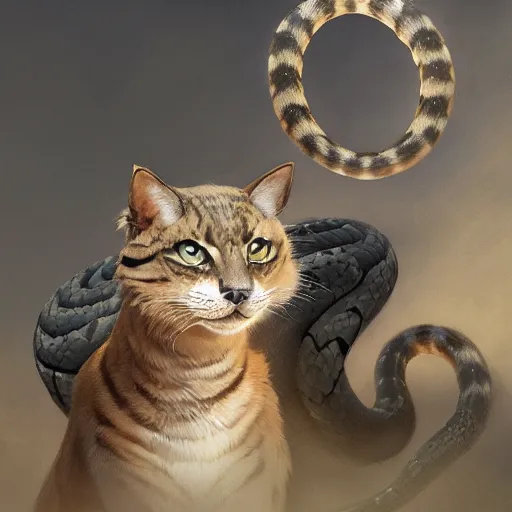 Image similar to digital painting of elegant but deadly feline cat with snake features hybrid, giant sepent furry cat chimera by Greg Rutkowski, magic the gathering concept art, trending on artstation, 4k resolution, ((in a super market Costco))