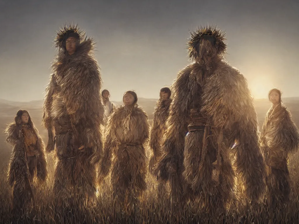 Prompt: a fancy portrait of the mighty sunflower people, a powerful nomadic mongolian tribe of giant humans that follows the sun in a vast barren valley where helianthus grow, by Greg Rutkowski, Sung Choi, Mitchell Mohrhauser, Maciej Kuciara, Johnson Ting, Maxim Verehin, Peter Konig, Bloodborne, macro lens, 35mm, 8k photorealistic, cinematic lighting, HD, high details, atmospheric