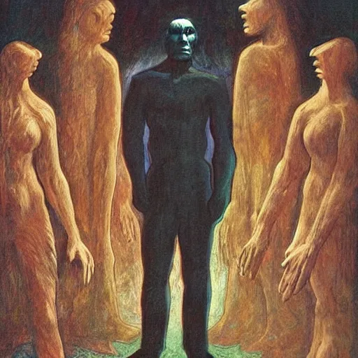 Image similar to A beautiful art installation of a small figure standing in the center of a dark, foreboding landscape. The figure is surrounded by strange, monstrous creatures, and there is a feeling of unease and dread. 1960s by Al Feldstein, by Frederick Lord Leighton spontaneous, muted