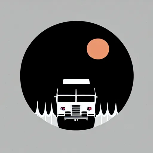 Image similar to very very very minimal vector graphic of a white and black thor chateau motorhome, color highway, mountains and sunset!!, all enclosed in a circle, white background, dramatic, professional minimal graphic design cartoon, award winning