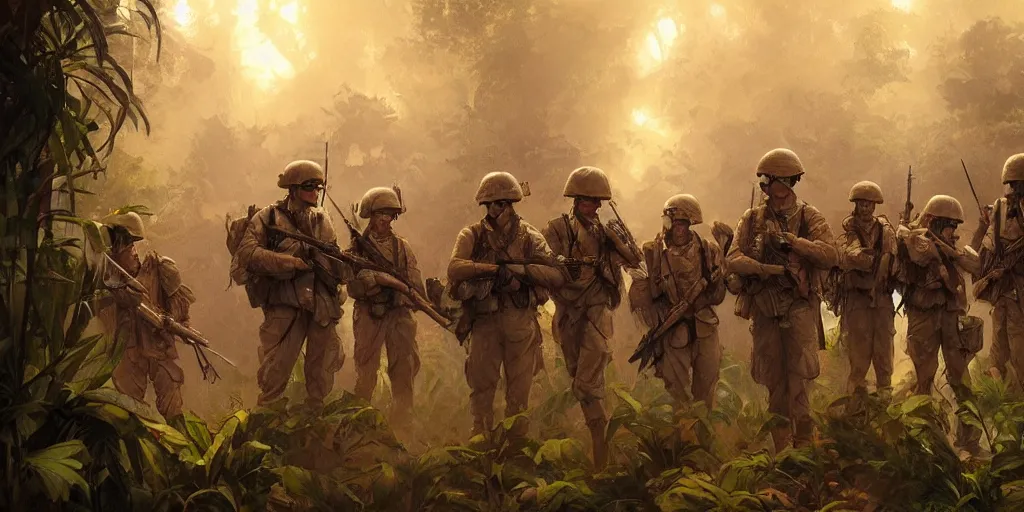 Image similar to a platoon of american soldiers on night patrol in the vietnamese jungle illuminated by napalm strike, beautiful, cinematic, art by artgerm and greg rutkowski and alphonse mucha and loish and wlop