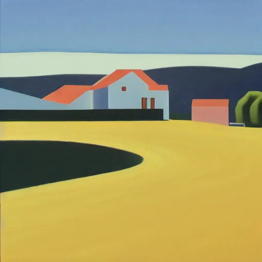 Prompt: dreaming futuristic rural landscape with modern houses, painted by Alex Katz and Edward Hopper, airbrush