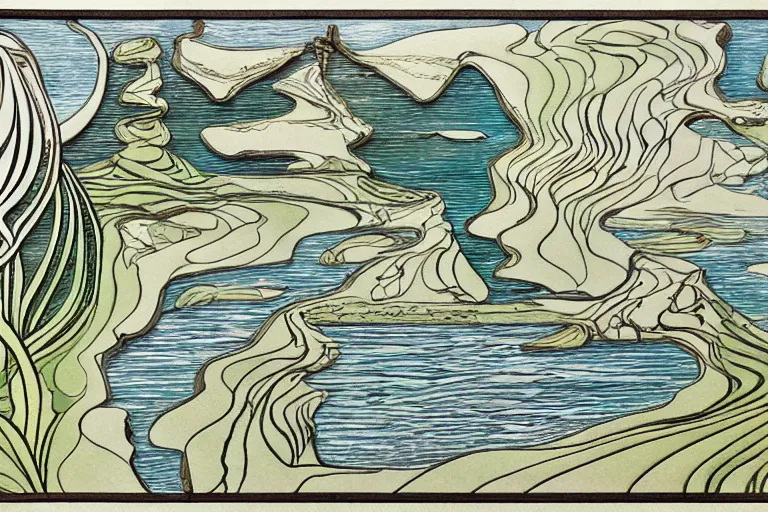 Image similar to seaside cliffs in the style of art nouveau