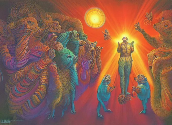 Prompt: psychedelic art of hamsters meeting god, in the style of michael whelan and james gurney and wayne barlowe