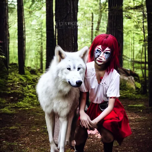 Image similar to Highly realistic photo of Princess Mononoke as a real person ((asian woman with red facepaint)) determined expression, standing next to a giant white wolf, in a forest, 85mm lens, f1.8, highly detailed