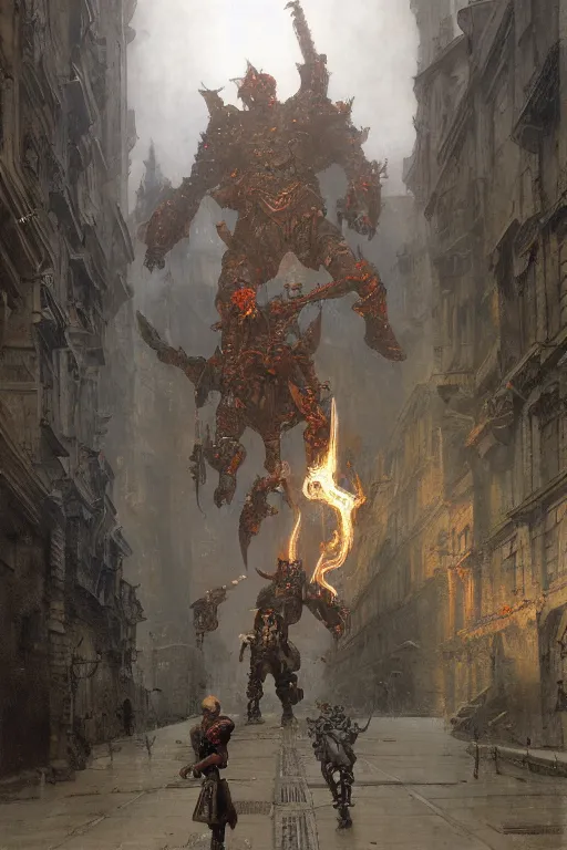 Image similar to a soldier on city street accompanies huge bipedal hell demon with bulbous torso wearing armour, painted by ruan jia, raymond swanland, lawrence alma tadema, zdzislaw beksinski, norman rockwell, jack kirby, tom lovell, alex malveda, greg staples