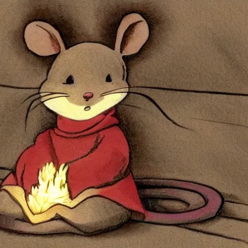 Image similar to an anthropomorphic mouse dressed in medieval clothing sitting is a big cozy armchair, studio ghibli, warm lighting, sitting by a small fireplace