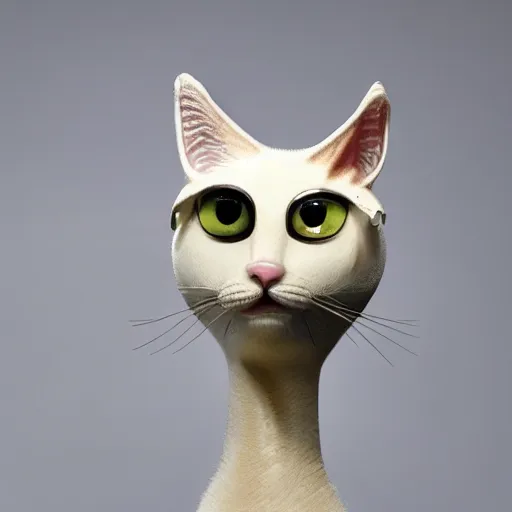 Image similar to a picture of a combination of two different creatures, a cat head on a goose body