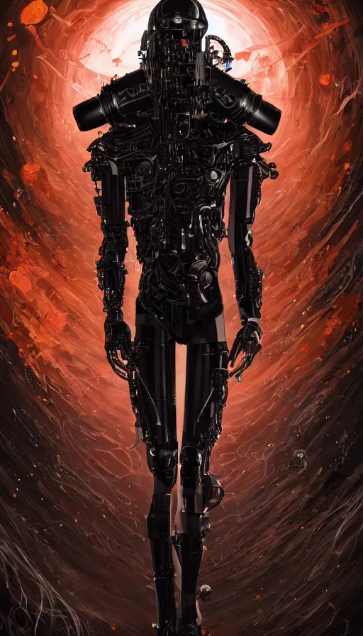 Image similar to full body head to toe portrait of a gothicpunk sci-fi cyborg netrunner bionic man, third person, D&D, sci-fi fantasy, biomatter and , intricate, black with shiny silver and orange fringe highlights, highly detailed, art by Range Murata, highly detailed, 3d, octane render, bright colors, digital painting, trending on artstation, sharp focus, illustration style of Stanley Artgerm, dramatic background