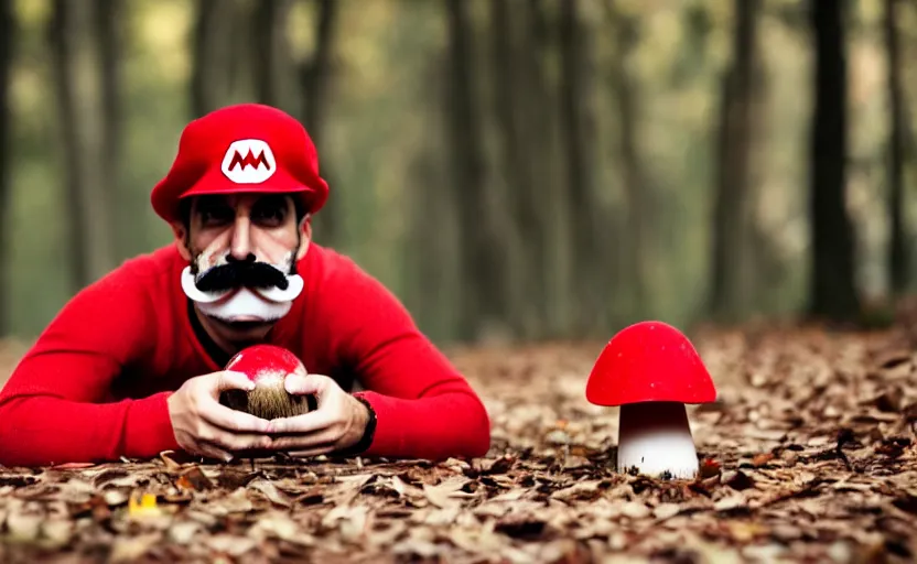 Image similar to italian man with a mustache dressed as mario wearing a solid red mario hat, crawling on the ground, eyes rolled back, licking a red mushroom with white spots, in a forest, photography, 5 0 mm lens, f 1. 8