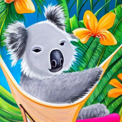 Prompt: cute fluffy koala with sunglasses relaxing in a lounge chair on a tropical beach detailed painting