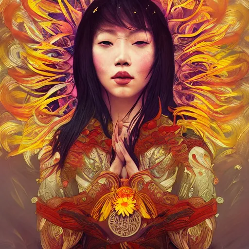 Image similar to East-asian sunflower queen, colorful, surreal, dramatic lighting, face, detailed, intricate, elegant, highly detailed, digital painting, artstation, concept art, smooth, sharp focus, illustration, art by Sam Spratt, Dan Mumford, Artem Demura and Alphonse Mucha