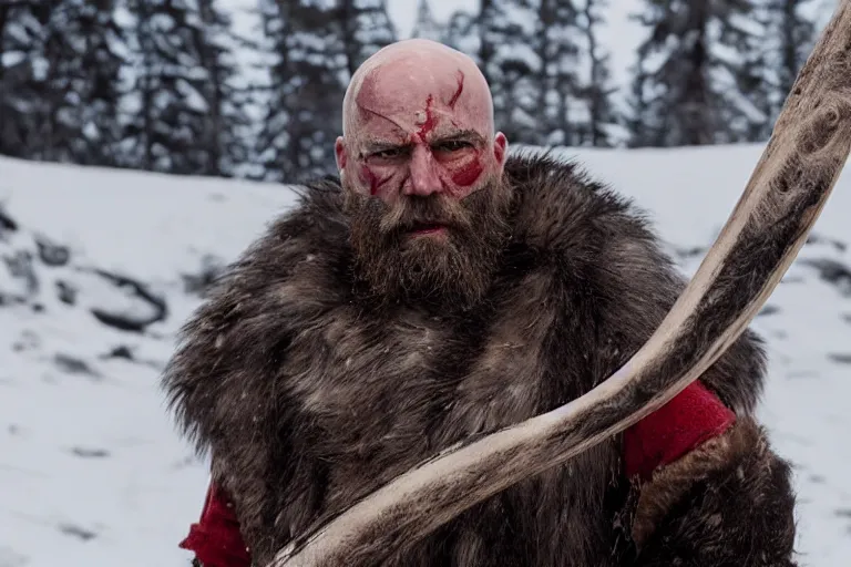 Prompt: vfx movie tough bald man in furs, natural grizzled skin, streaks of red face paint grey beard, holding two detailed viking axes, in snowy tahoe by emmanuel lubezki