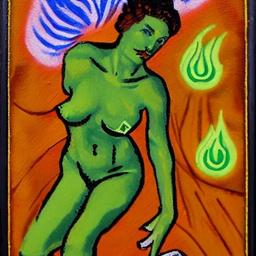 Prompt: a tarot card with green fire. attractive bikini babes made of fire dance around a masculine figure made of death. oil painting with a decorative border, 3 x 5 in size, in the style of van gogh