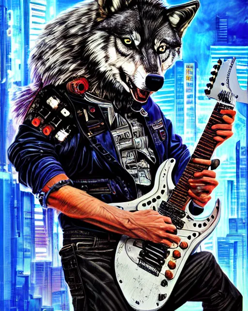 Image similar to a portrait of an anthropomorphic cyberpunk wolf shredding an electric guitar by sandra chevrier, by jon foster, detailed render, tape deck, epic composition, cybernetics, 4 k realistic, cryengine, realistic shaded lighting, sharp focus, masterpiece, by enki bilal