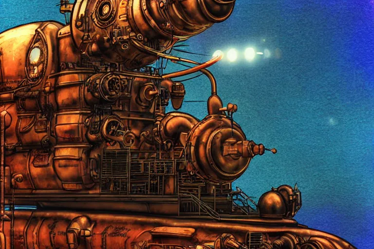 Image similar to steampunk submarine!, in the style ofjean henri gaston giraud, trending on artstation, halfrear lighting closeup view anaglyph filter, bokeh, anime, comic book art