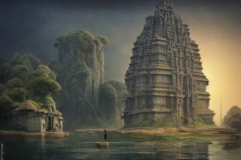 Image similar to photography of a beautiful archipelago of never seen before stunning ancient indian temple and palaces. complex intricate pilars patern, runes. trees water and flowers. afternoon light inspiring science fiction, intricate, elegant, uplifting, inspirational, highly detailed by beksinski and simon stalenhag