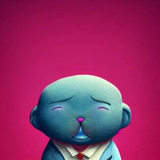 Image similar to detailed rendering of a pink chubby stuffed animal with dark blue shirt, gray triangle in face, by esao andrews, by james jean, humorous illustration, hyperrealistic, big depth of field, brilliant colors, 3 d octane render, 4 k, conceptart, hyperdetailed, trending on artstation