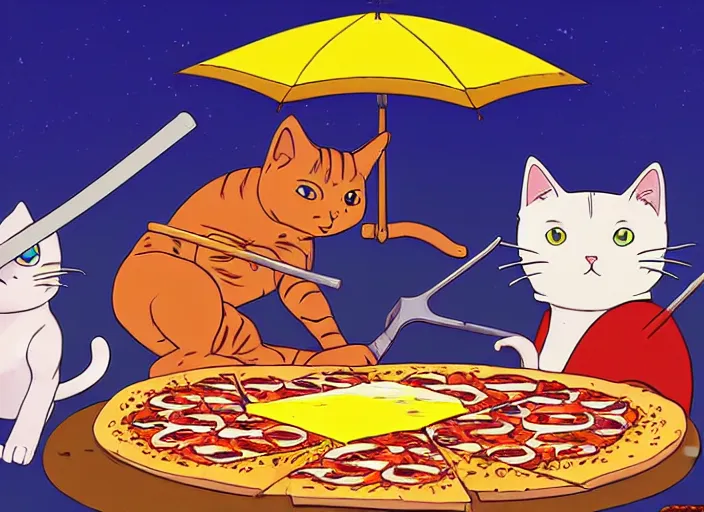 Image similar to cat samurai eating pizza together in the desert underneath an umbrella made of cheese, digital painting masterpiece, by ryan ottley and mœbius and hayao miyazaki and akira toriyama, 4 k wallpaper trending on pixiv