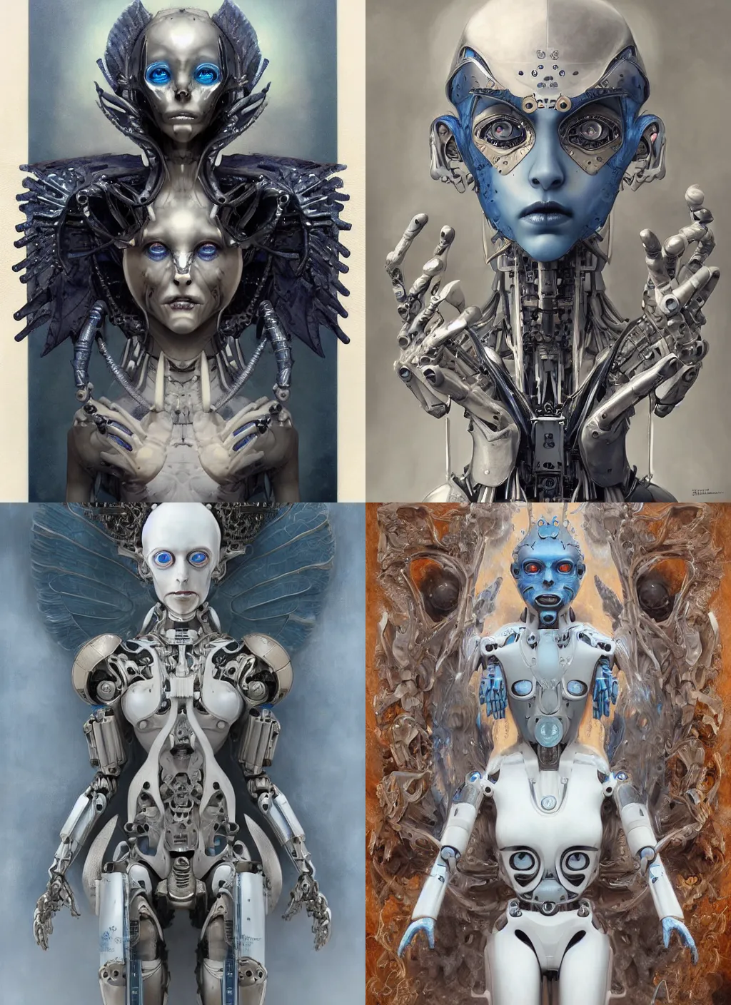 Prompt: humanoid robot demon, highly detailed, expressive blue eyes, beautiful symmetric body white metal, mechanical hands, mechanical wings, award winning, by Tom Bagshaw