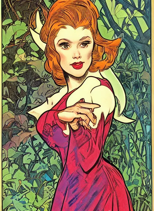 Image similar to a beautiful young woman. she is a woodland elf. well composed, clean elegant painting, beautiful detailed face. retro comic book art by steve ditko and jack kirby and ( alphonse mucha )