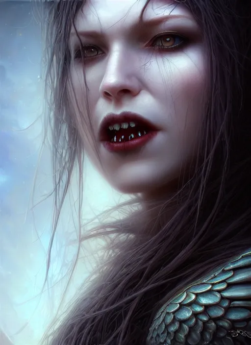 Prompt: closeup portrait shot of a female vampire in a scenic dystopian environment, intricate, elegant, highly detailed, centered, digital painting, artstation, concept art, smooth, sharp focus, illustration, artgerm, tomasz alen kopera, peter mohrbacher, donato giancola, joseph christian leyendecker, wlop, boris vallejo