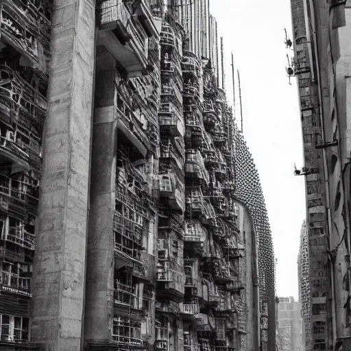 Prompt: exploring the streets of a megalopolis in the style of gothic brutalist architecture