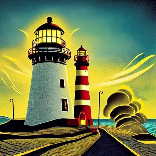 Prompt: lighthouse and nuclear explosion. Album art.