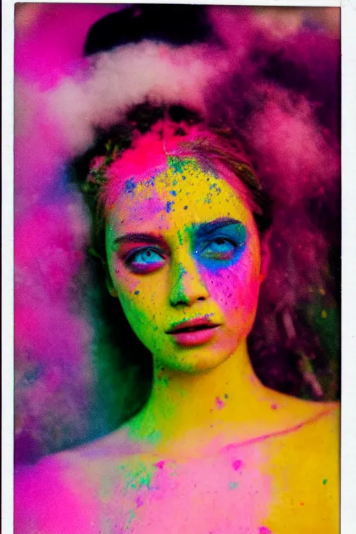 Image similar to An instax film still of a girl covered in holi powder featured in Vogue and GQ editorial fashion photography, beautiful eye, symmetry face, haute couture dressed by Givenchy and Salvatore Ferragamo