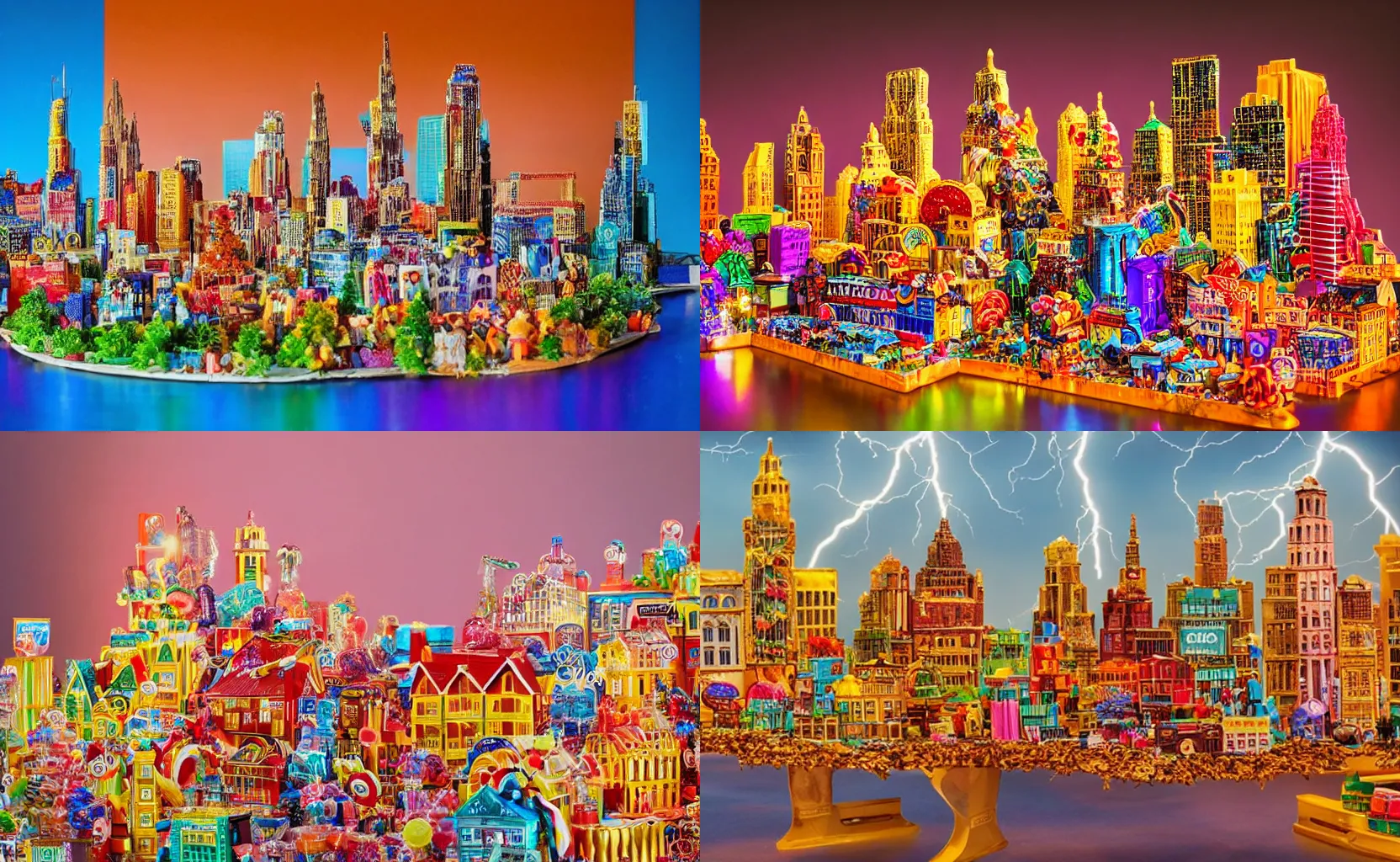 Prompt: a photo of a city made out of candy, golden hour time, beautiful lightning