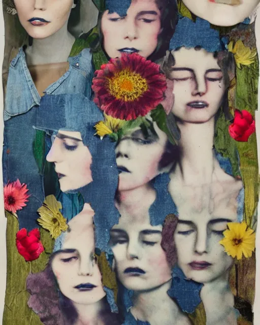 Image similar to different women's faces, cut and paste collage, mutated flowers, soft coloring, 1 9 7 0 s, denim, water stains, serene emotions, lingering glances
