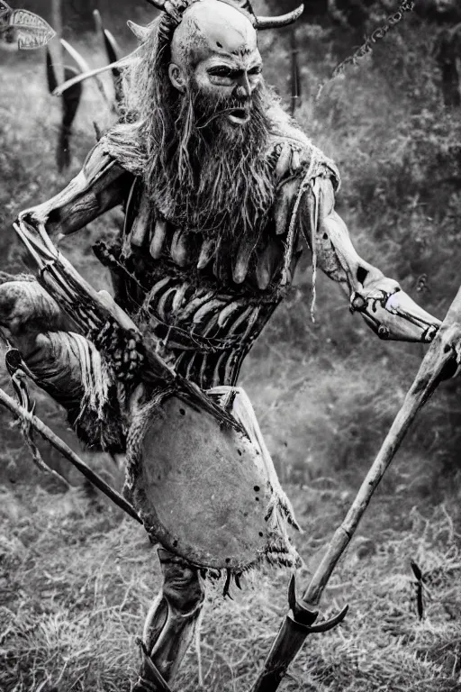 Image similar to realistic photograph of a skeleton viking man in the middle of battle, highly detailed, cinematic, portrait, close - up,