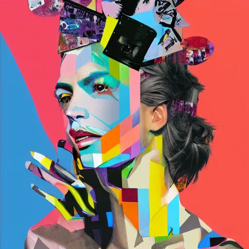 Prompt: fashion icon, contemporary collage, highly detailed, digital painting, 4 k, hdr, punk, uk style, smooth, sharp focus, art by nick knight, sandra chevrier and john hoyland