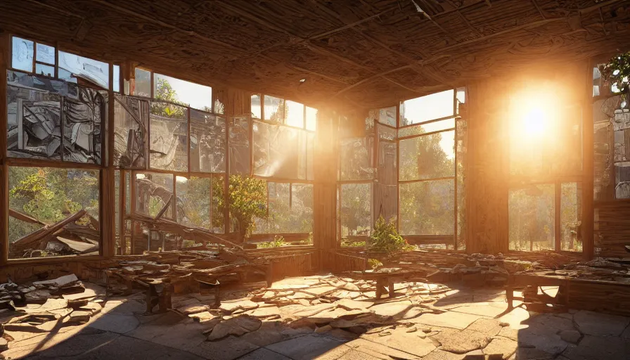 Prompt: wooden craft garden built in destroyed museum in washington dc, sunrise light through windows, hyperdetailed, artstation, cgsociety, 8 k