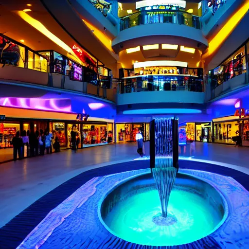 Prompt: A vast shopping mall interior with a large water feature, photo taken at night, neon pillars, large crowd