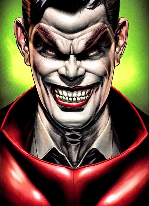 Image similar to aesthetic digital portrait of a handsome young man with a sinister grin by brian bolland, rachel birkett, alex ross, and neal adams | dark, intimidating, imposing, portrait, character concept, concept art, unreal engine, finalrender, centered, deviantart, artgerm