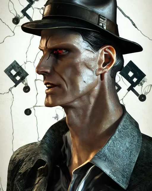 Prompt: photo of Nick Valentine by Bethesda and Prywinko and gantzu, Fallout, cyberpunk, vaporwave, face, realistic, perfect, automaton, extremely detailed, symmetrical face, large eyes, deviantart, Cyberpunk 2077, Blade Runner, hyper realistic, digital art, octane render, trending on artstation, artstationHD, artstationHQ, unreal engine, 4k, 8k