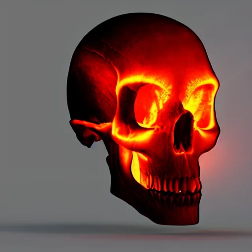 Prompt: a highly detailed human skull on fire in front of a glowing red background, 3 d, highly detailed, digital art, artstation, concept art, trending