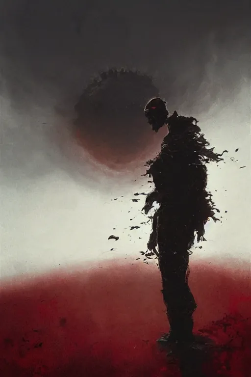 Image similar to random metal pieces forming the shape of a person silhouetted by a red sun, smooth, sharp focus, 24mm lens, DOF, abstract, art by Artem Demura and Greg Rutkowski and Ruan Jia and Norman Rockwell