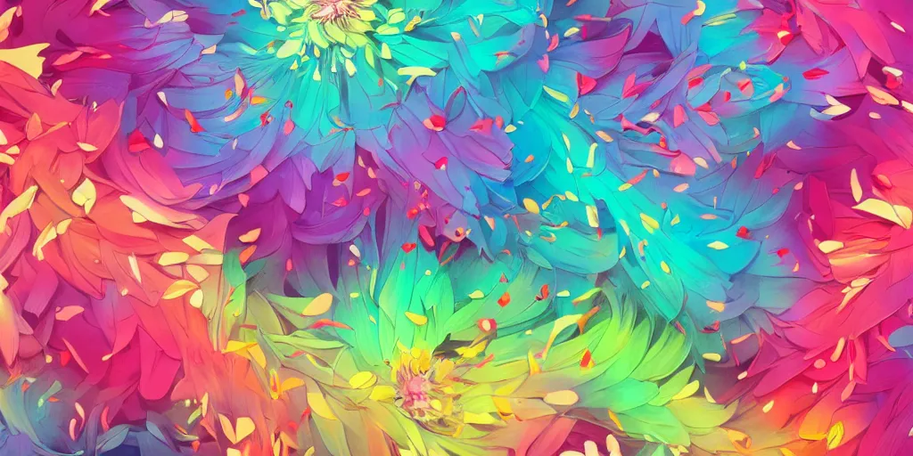 Image similar to background art of spaciously scattered multi colored flower petals flowing through the air from left to right on a clean background, anime, artgerm, manga, trending on artstation, art nouveau