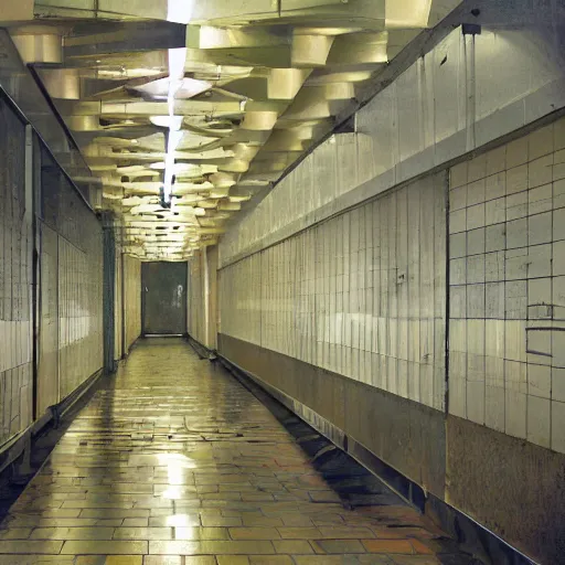 Image similar to noisy color photograph of a liminal space in the style of MC Escher, hallways, minimalist, oddly familiar, cinematic, dramatic lighting, soft vintage glow