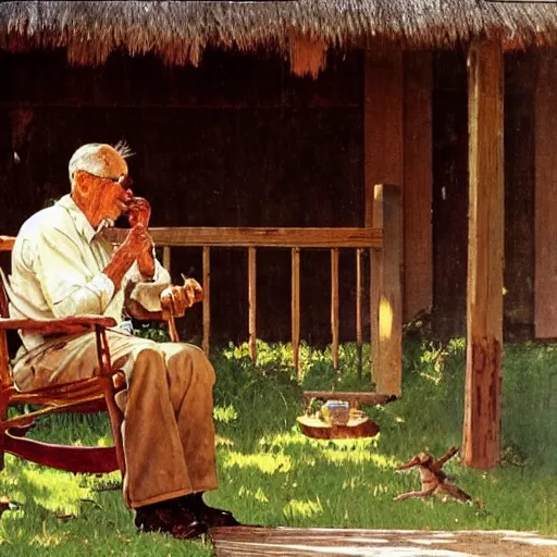 Image similar to an old man, sitting in a wooden rocking chair on a front porch, tropical location Whittling a piece of wood, by Norman Rockwell