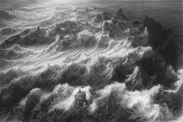 Image similar to aerial view, the crossing of the red sea, Gustave Dore lithography