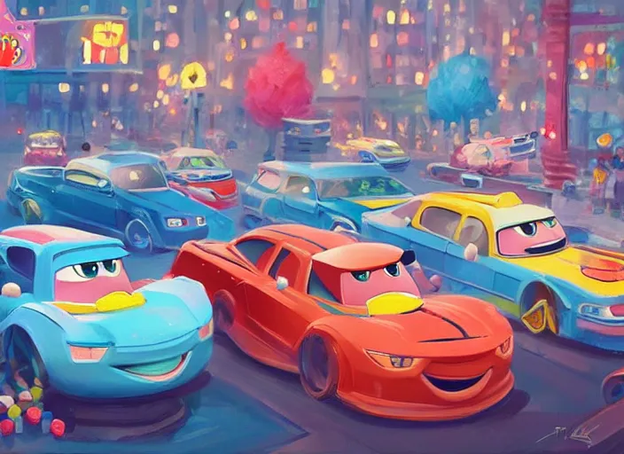 Image similar to concept design of cute candy cars for wreck - it ralph, oil painting by eren arik and jama jurabaev, extremely detailed, brush hard, artstation, high quality, brush stroke