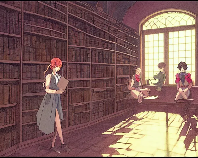 Prompt: group of apprentice wizard girls studying in a magic library in the style of studio ghibli, ayami kojima, akihiko yoshida, atey ghailan, escher, edward hopper, dramtic lighting